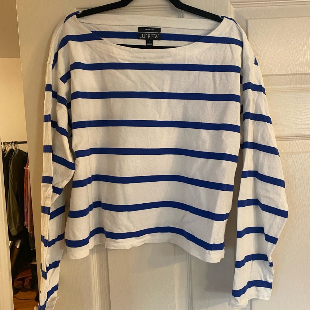 J. Crew White and Blue Striped Blouse